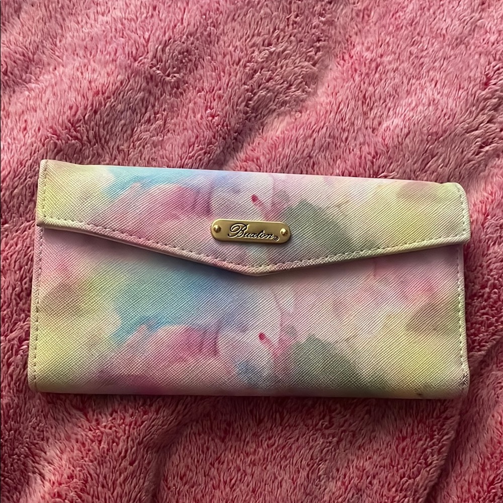 Pink and Green Wallet with Flap Closure